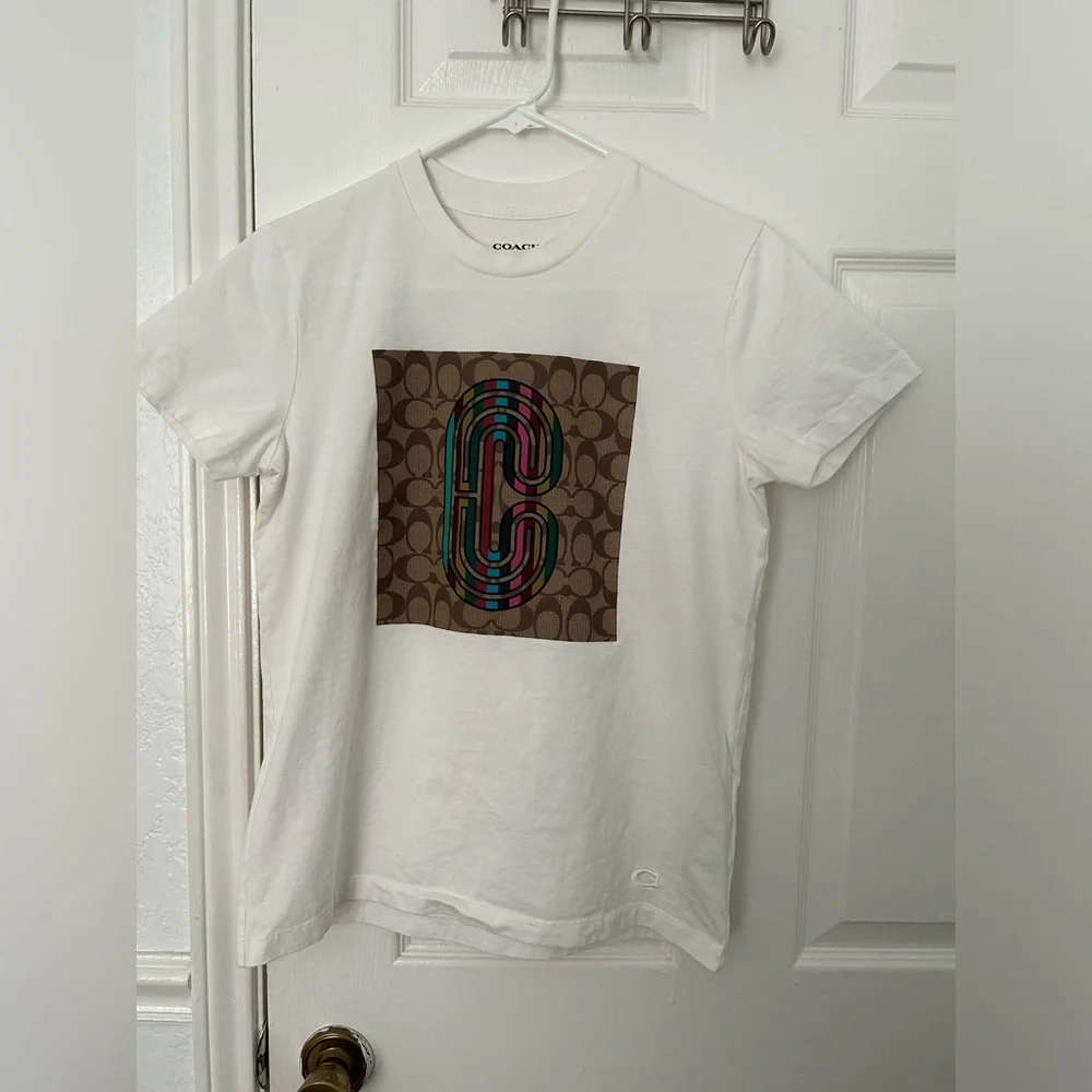 Coach White Tee with Brown Signature Square and Multicolor Logo